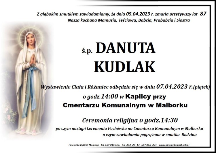 Zmarła Danuta Kudlak. Żyła 87 lat.