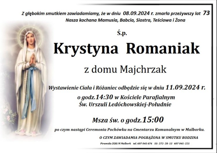 Zmarła Krystyna Romaniak. Miała 73 lata.