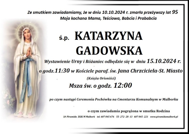 Zmarła Katarzyna Gadowska. Żyła 95 lat.