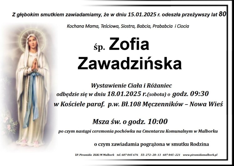 Zmarła Zofia Zawadzińska. Żyła 80 lat.