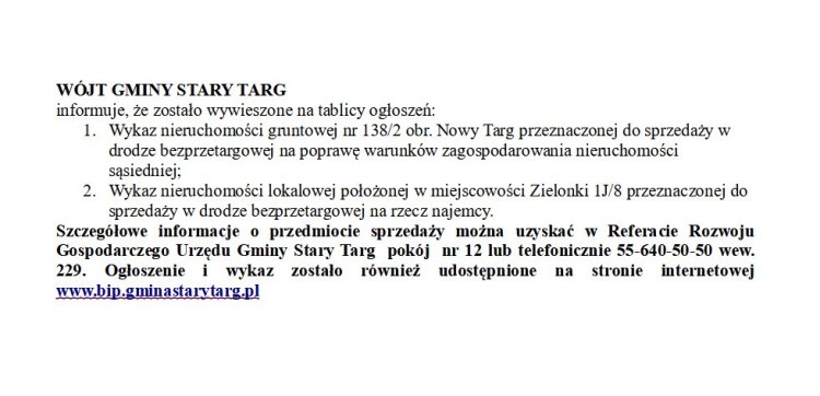 WÓJT GMINY STARY TARG: informuje, że zostało wywieszone na tablicy…
