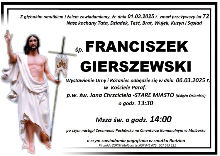 Zmarł Franciszek Gierszewski. Żył 72 lata.