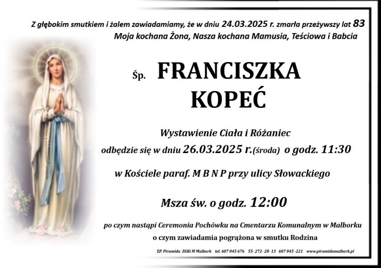 Zmarła Franciszka Kopeć. Miała 83 lata.