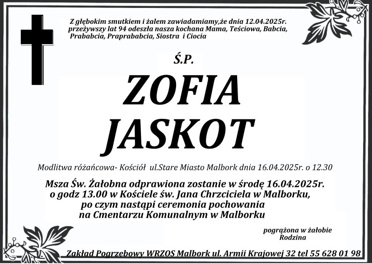 Zmarła Zofia Jaskot. Miała 94 lata.