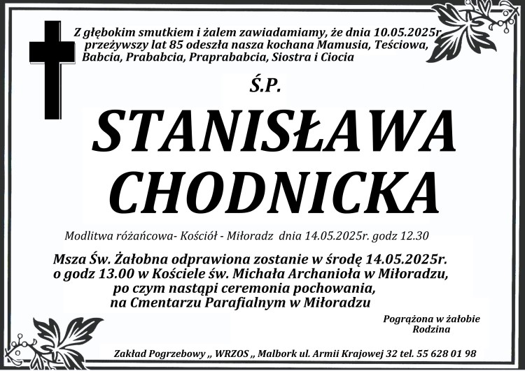Zmarła Stanisława Chodnicka. Żyła 85 lat.