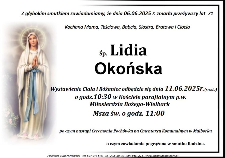 Zmarła Lidia Okońska. Miała 71 lat.
