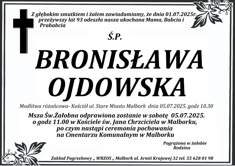 Zmarła Bronisława Ojdowska. Miała 93 lata.