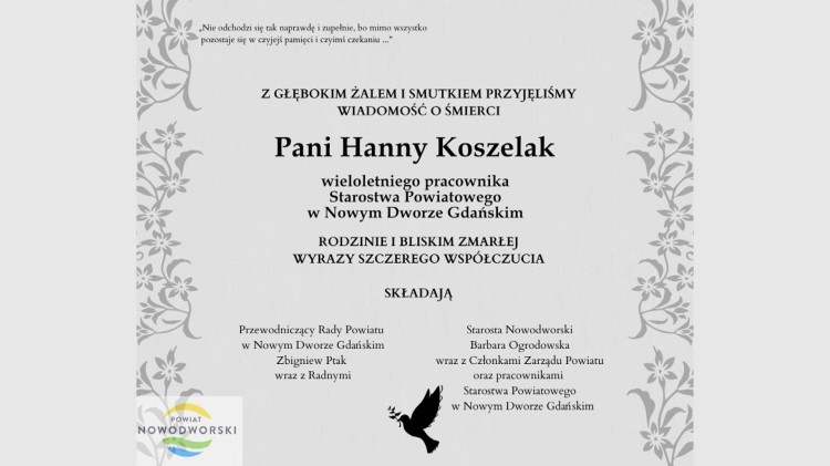 Kondolencje Zarządu Powiatu Nowodworskiego, Rady Powiatu Nowodworskiego…