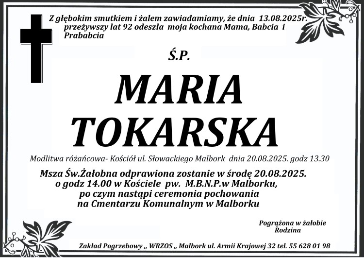 Zmarła Maria Tokarska. Miała 92 lata.