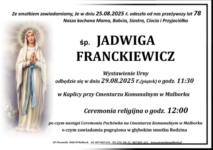 Zmarła Jadwiga Franckiewicz. Miała 78 lat.