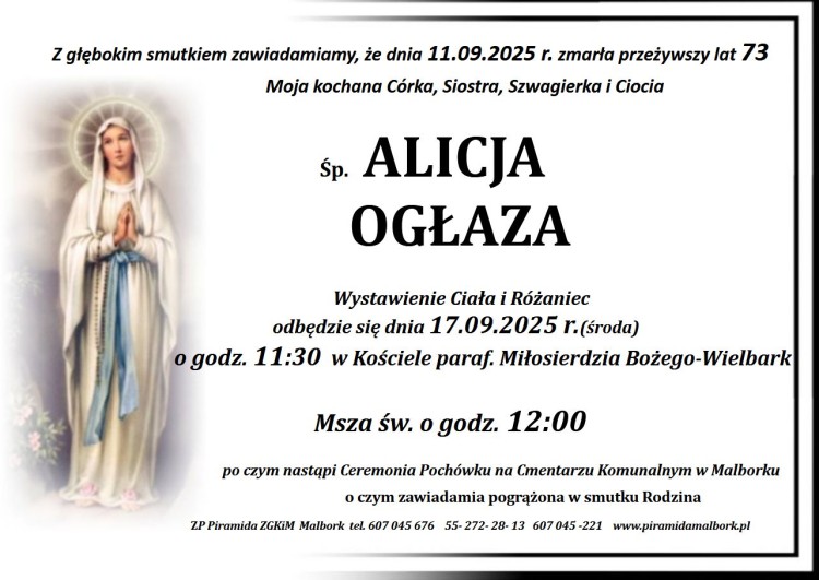 Zmarła Alicja Ogłaza. Miała 73 lata.