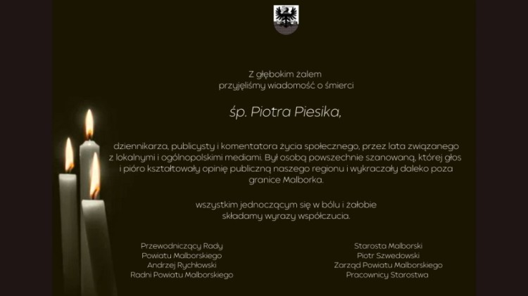 Kondolencje Starosty i Zarządu Powiatu Malborskiego, Przewodniczącego…