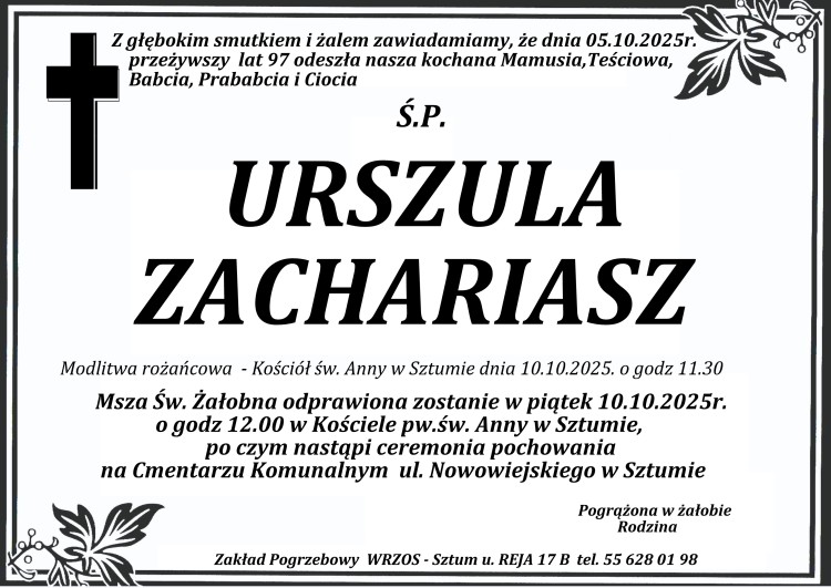 Zmarła Urszula Zachariasz. Miała 97 lat.