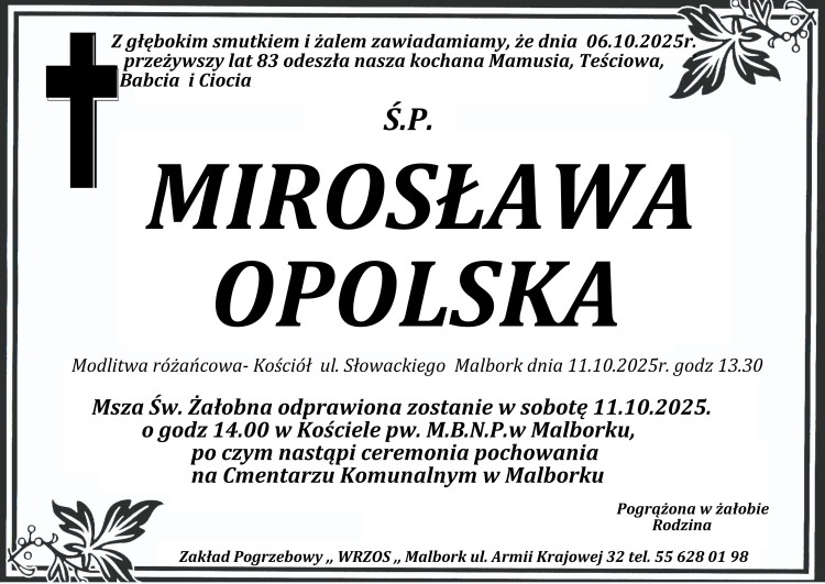 Zmarła Mirosława Opolska. Miała 83 lata.