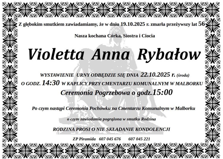 Zmarła Violetta Anna Rybałow. Miała 56 lat.