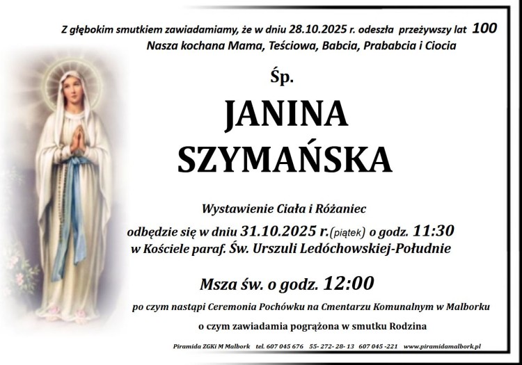 Zmarła Janina Szymańska. Miała 100 lat.