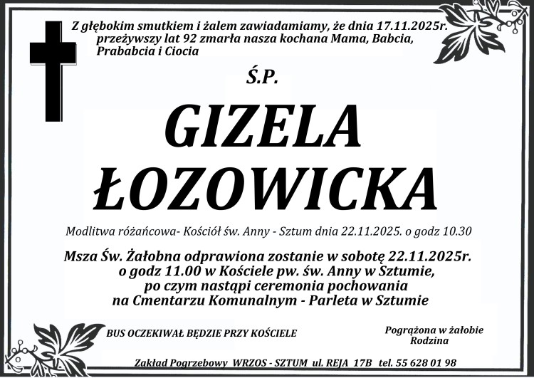 Zmarła Gizela Łozowicka. Miała 92 lata.