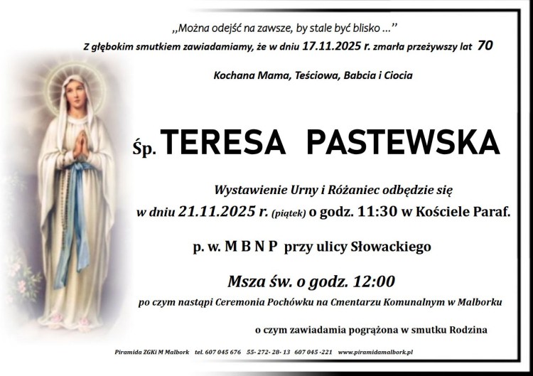 Zmarła Teresa Pastewska. Miała 70 lat.