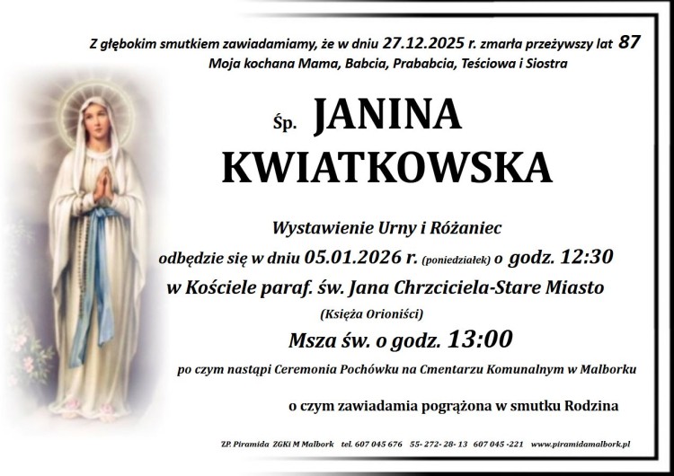 Zmarła Janina Kwiatkowska. Miała 87 lat.