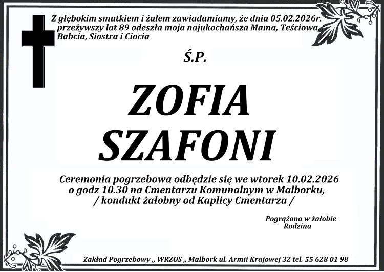 Zmarła Zofia Szafoni. Miała 89 lat.