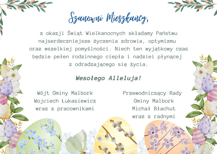 Wielkanocne życzenia włodarzy Gminy Malbork.