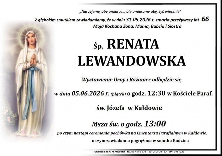 Zmarła Renata Lewandowska. Miała 66 lat.