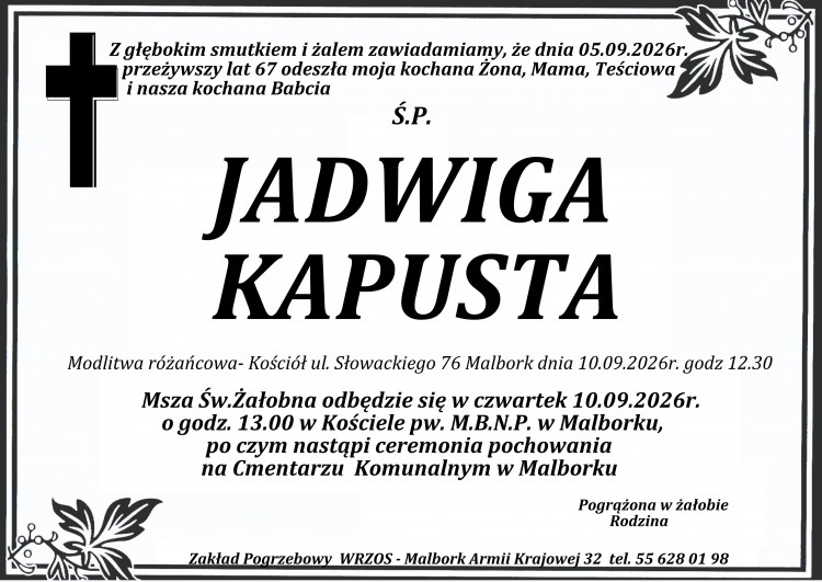 Zmarła Jadwiga Kapusta. Miała 67 lat.