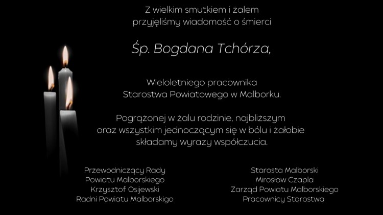 Kondolencje Starosty Malborskiego, Zarządu Powiatu, Przewodniczącego…