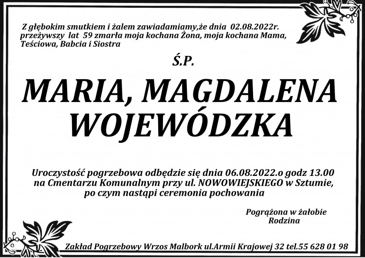 Zmarła Maria Magdalena Wojewódzka. Miała 59 lat.