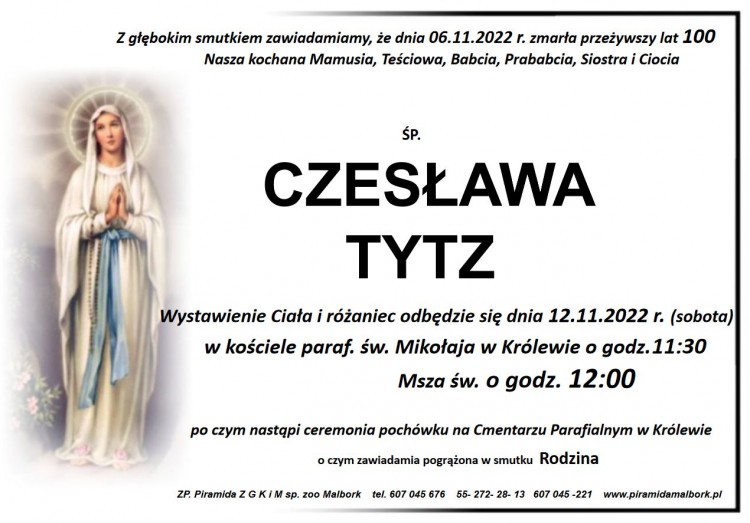 Zmarła Czesława Tytz. Miała 100 lat.